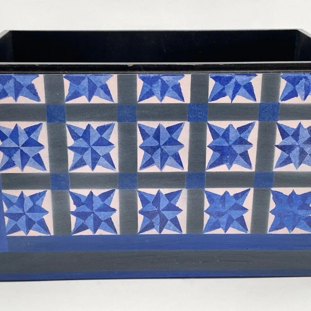 Hand Painted Folk Art Wood Storage Box with Lid Star Barn Quilt 11 x 6